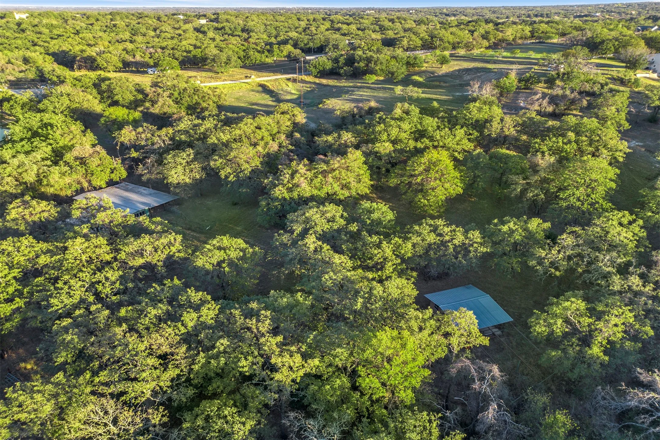 Expansive treed lot featuring multiple outbuildings with metal roofs