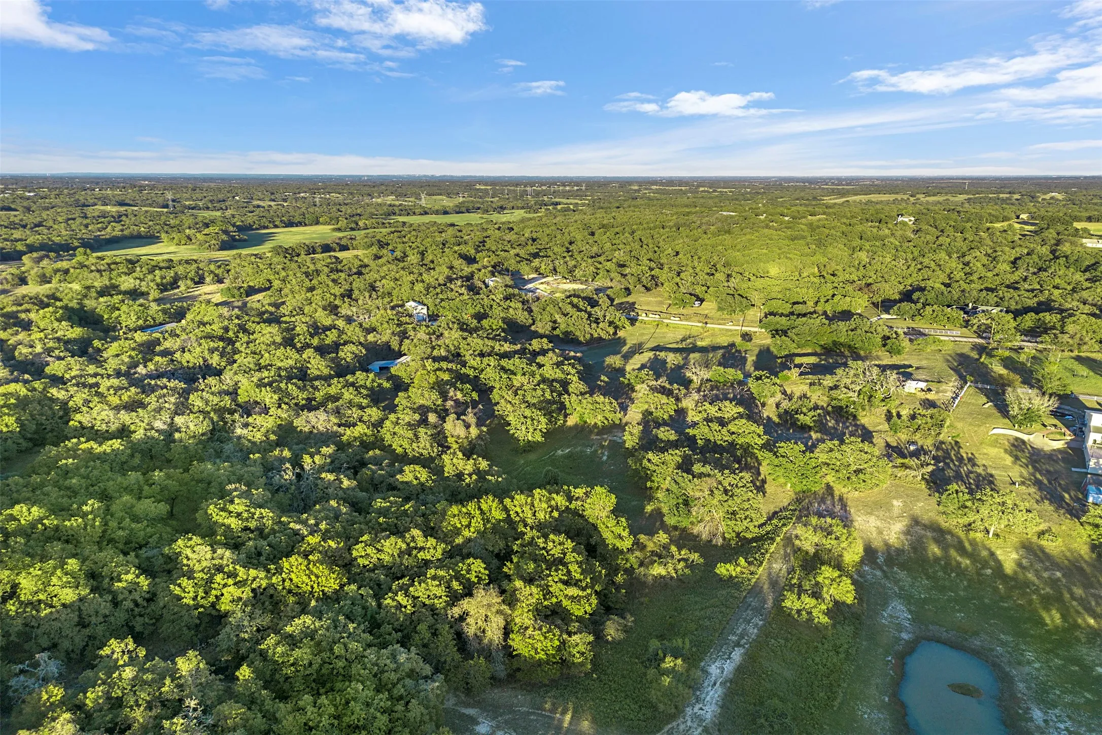 Expansive aerial perspective showcasing a verdant landscape with extensive tree coverage and open clearings