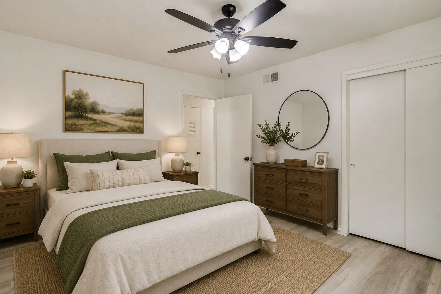 Bedroom featuring light wood-finish flooring, a ceiling fan with integrated lighting, and white walls.  *Photo virtually staged using AI.