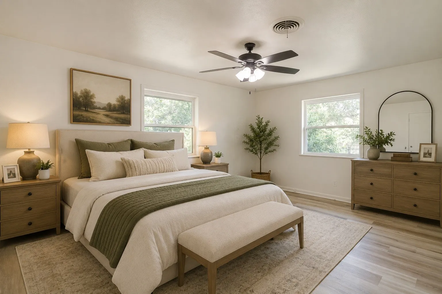 Spacious room featuring light wood-finish flooring and white walls. Photo virtually staged using AI.