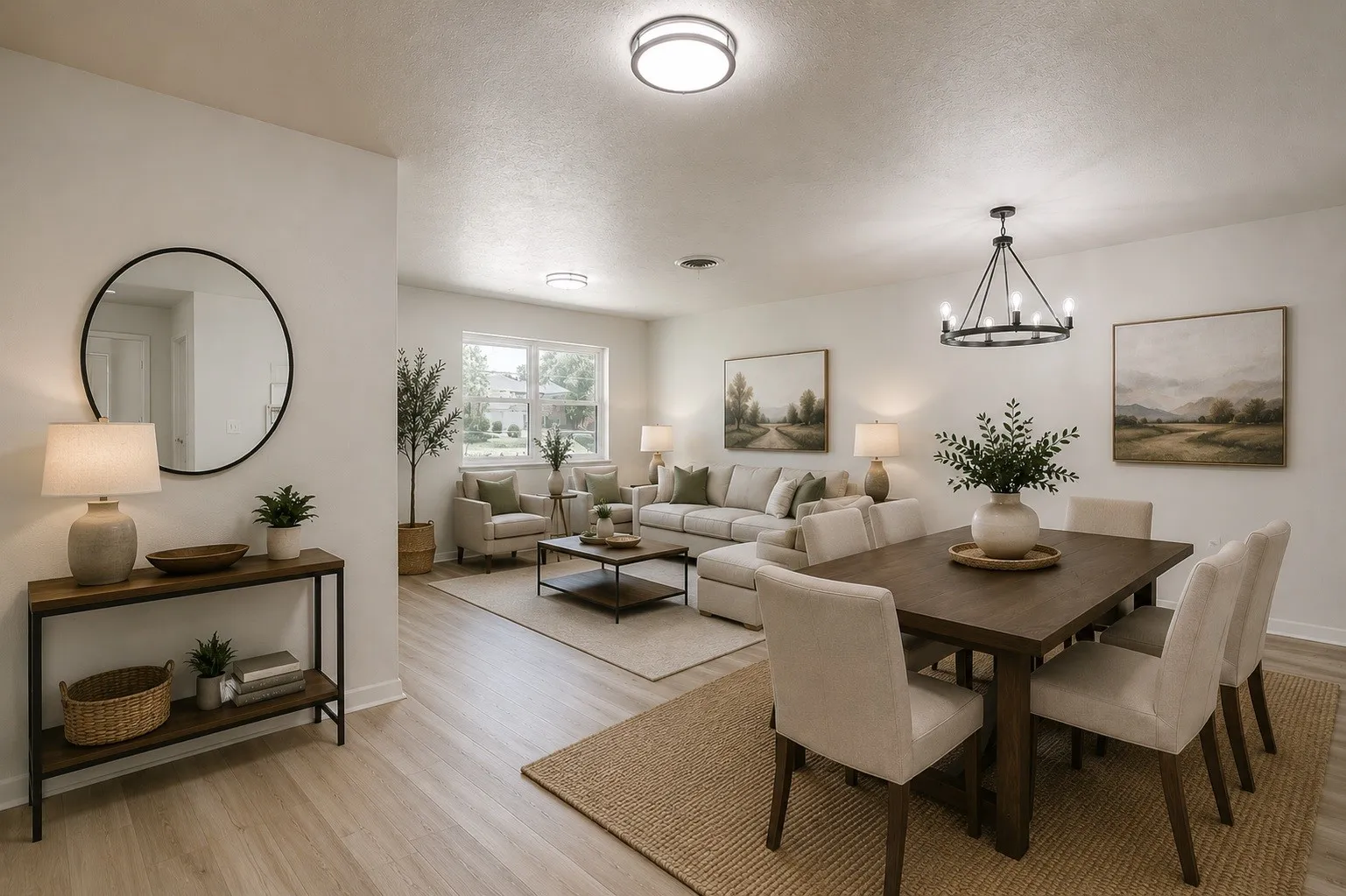 Open-concept interior featuring light wood-finish flooring, recessed lighting, and a prominent dining area with a chandelier. *Photo virtually staged using AI.