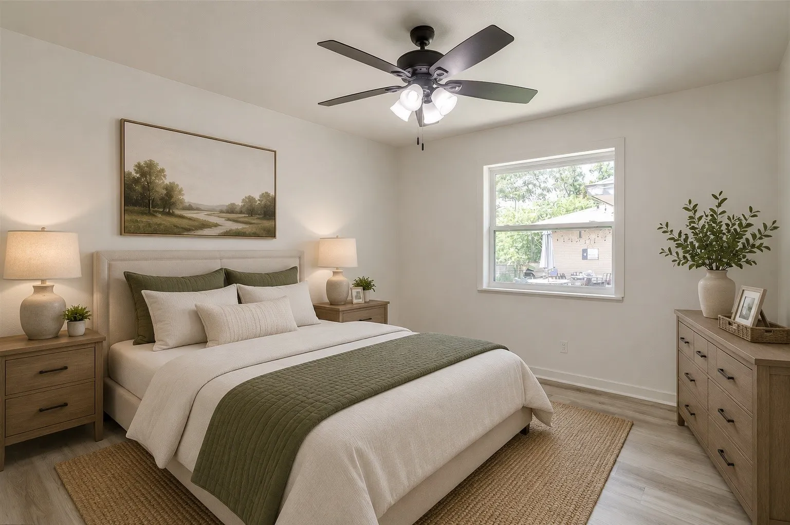 Bedroom featuring light wood-finish flooring, a ceiling fan with integrated lighting, and a prominent window. * Photo virtually staged using AI.