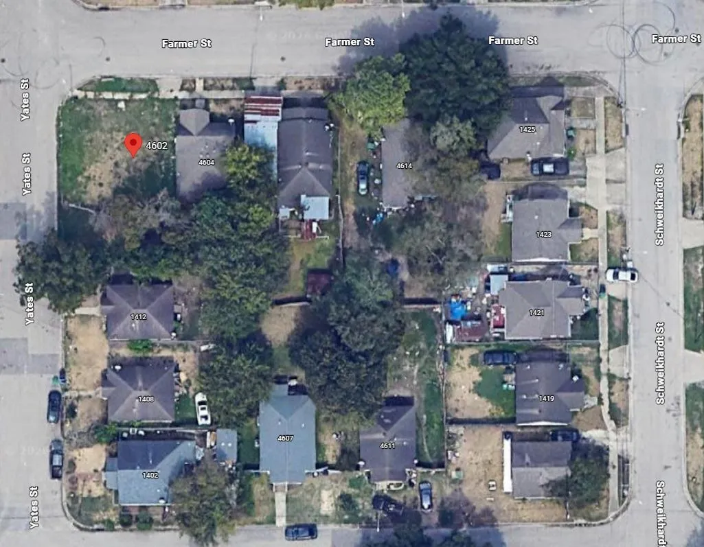 Aerial Property Map. Illustrating the property at 4602 Farmer St in relation to its surrounding parcels and street grid
