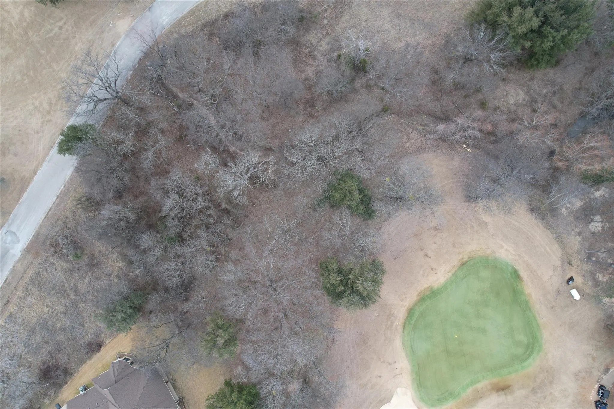 Aerial perspective showcasing a verdant golf course putting green and surrounding natural landscape