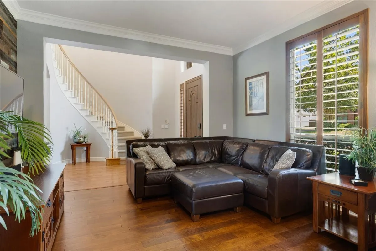 Spacious living area featuring rich wood-finish flooring and a curved staircase with white risers and a light wood handrail