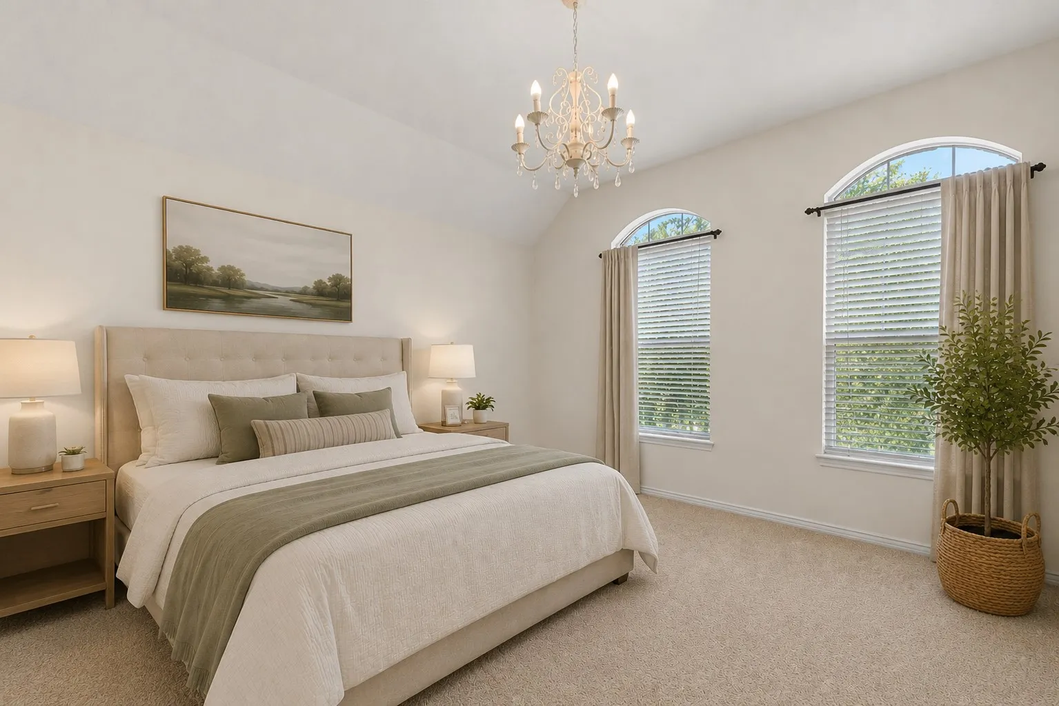 Spacious room featuring vaulted ceilings, a decorative chandelier, two arched windows with blinds and drapes, and neutral-toned carpeting