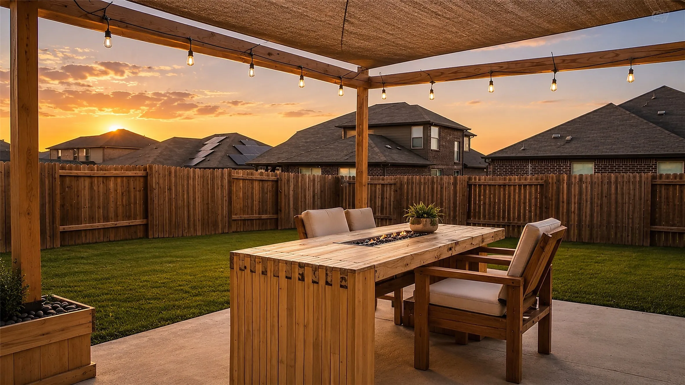 Expansive backyard featuring a shaded patio with string lighting, a built-in fire pit table, a manicured lawn, and a wood privacy fence