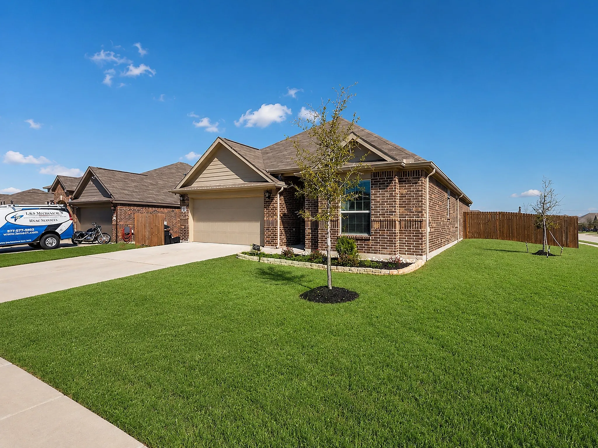 Brick exterior with a gabled roof and a two-car garage