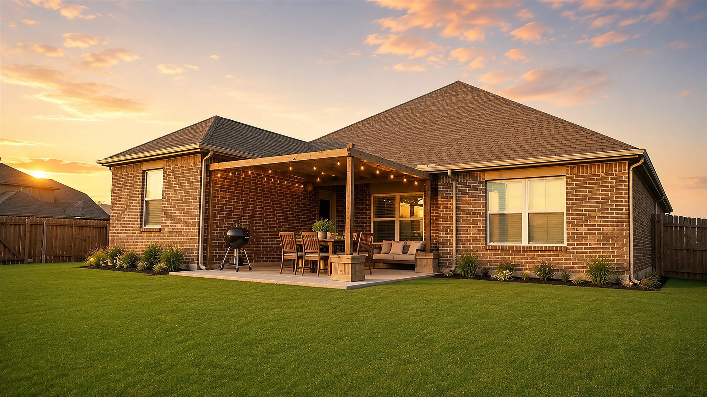 Expansive backyard featuring a manicured lawn, a concrete patio, a wood pergola, and brick exterior