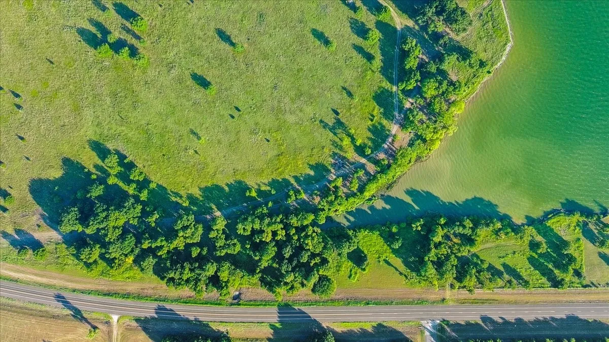 Expansive green space bordering a body of water, featuring a visible roadway