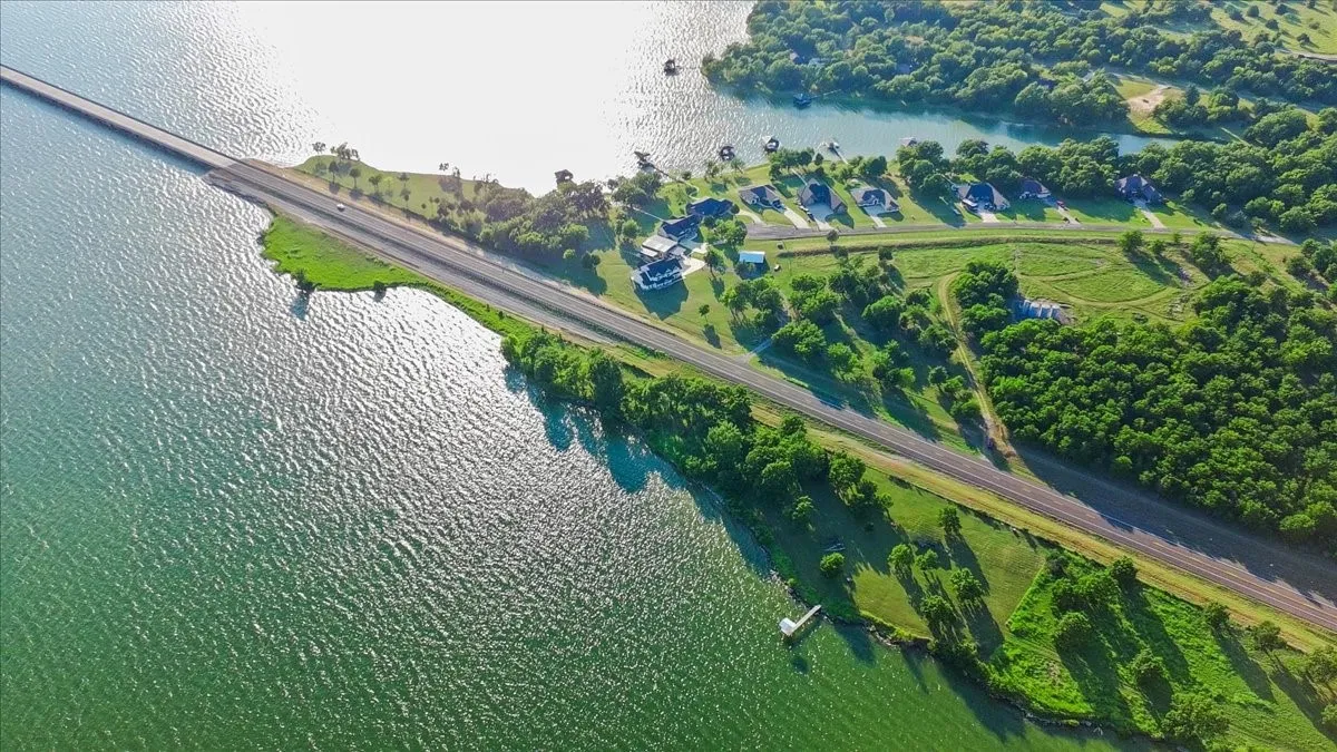 Expansive water features surrounding a causeway