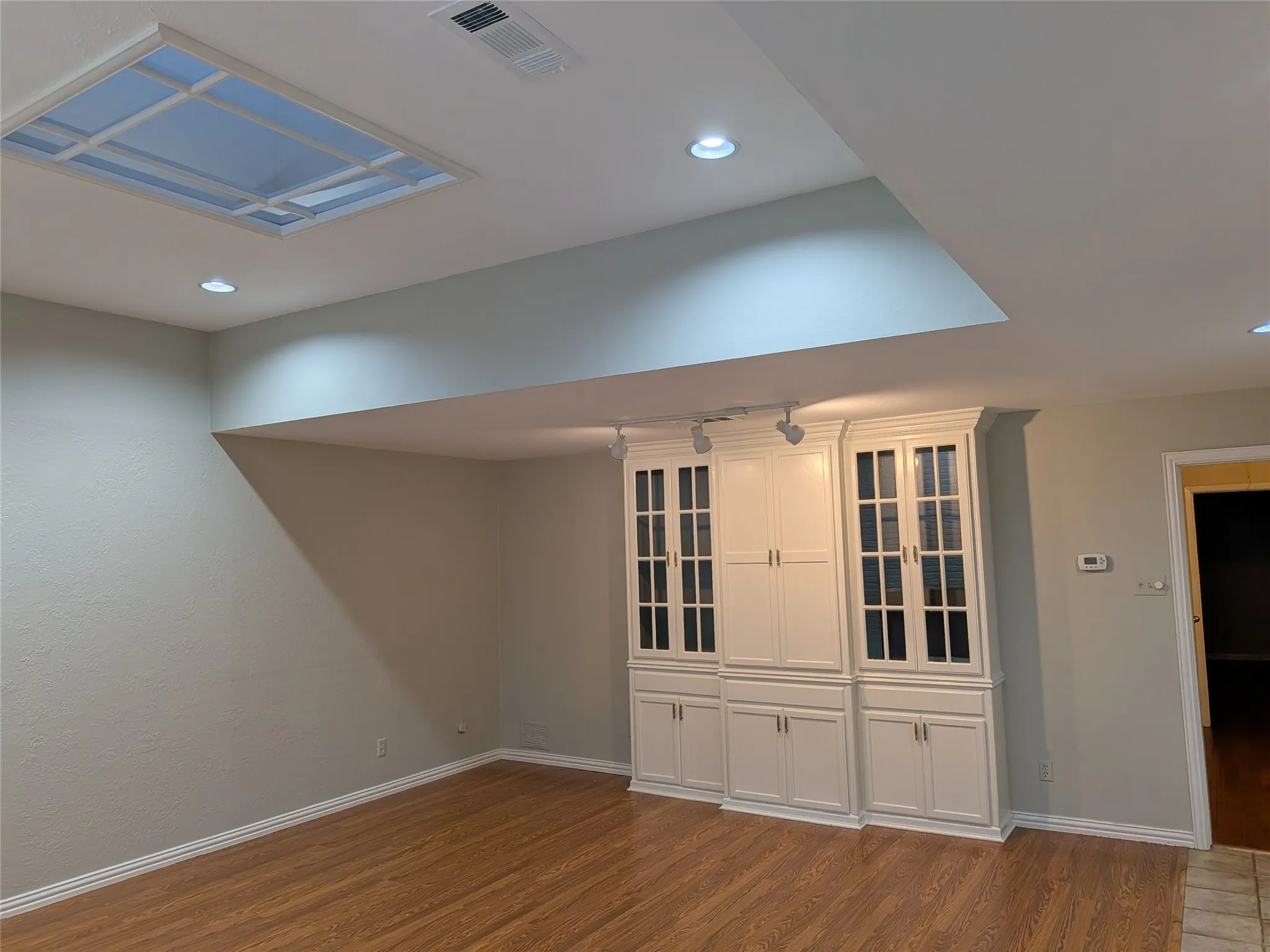 another view of the living room, with the large skylight