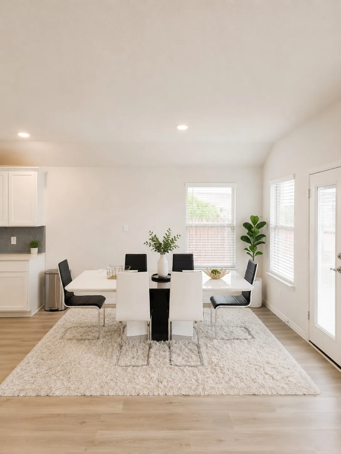 Open-concept dining area featuring light wood-finish flooring and recessed lighting