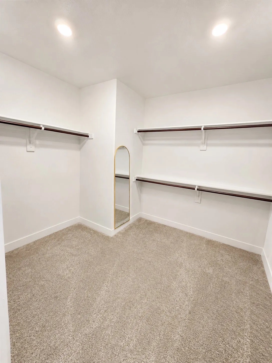Spacious walk-in closet featuring light-toned carpeting and bright white walls