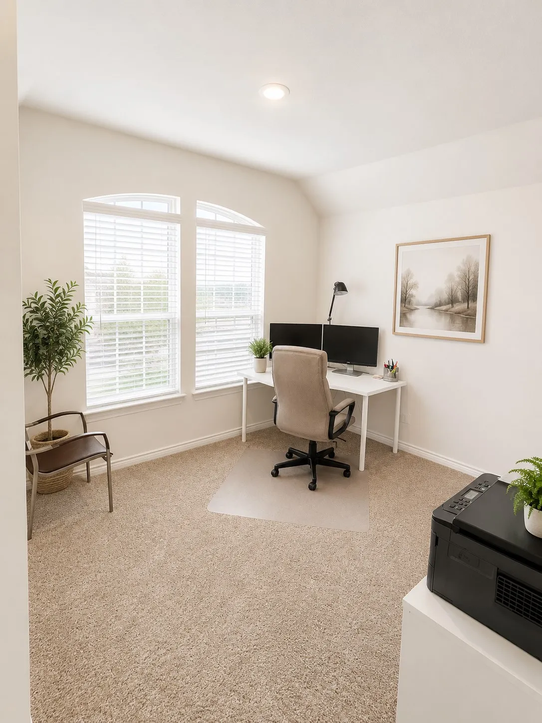 Bright interior space with neutral carpeting, arched windows, recessed lighting, and white walls