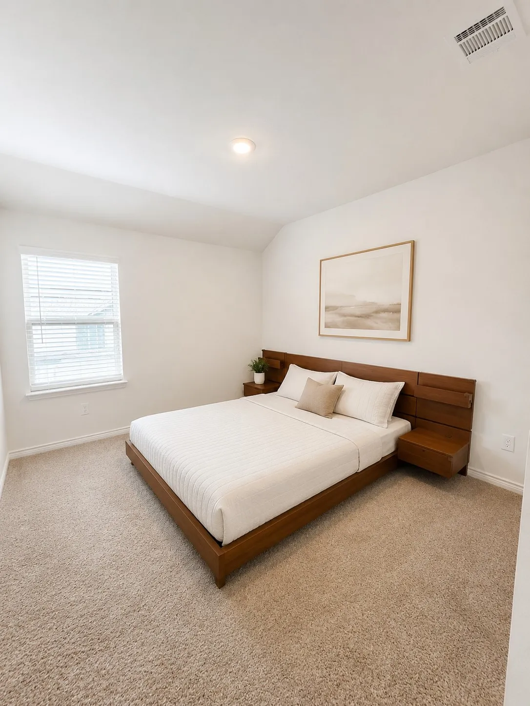 Carpeted room featuring a window with blinds, recessed lighting, and a neutral wall color