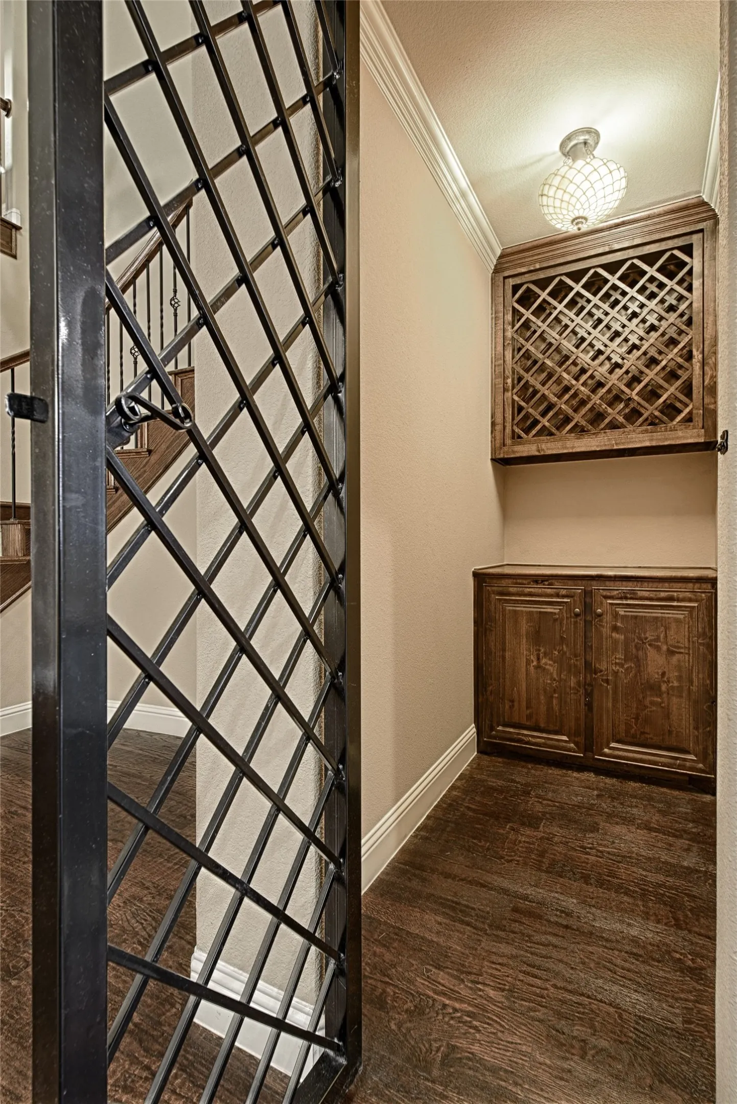 Wrought iron security gate opening to a dedicated wine storage area