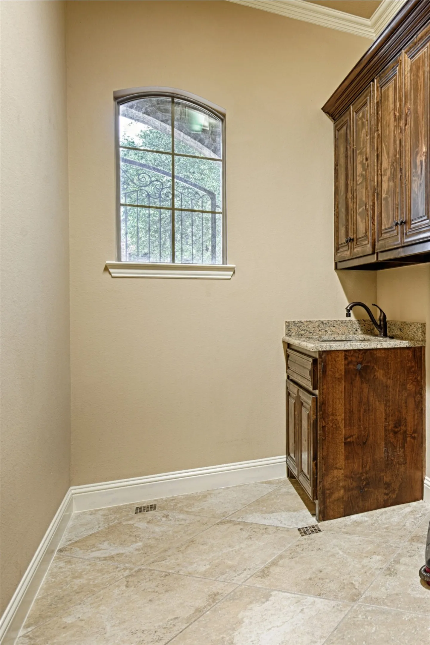 Arched window with decorative ironwork