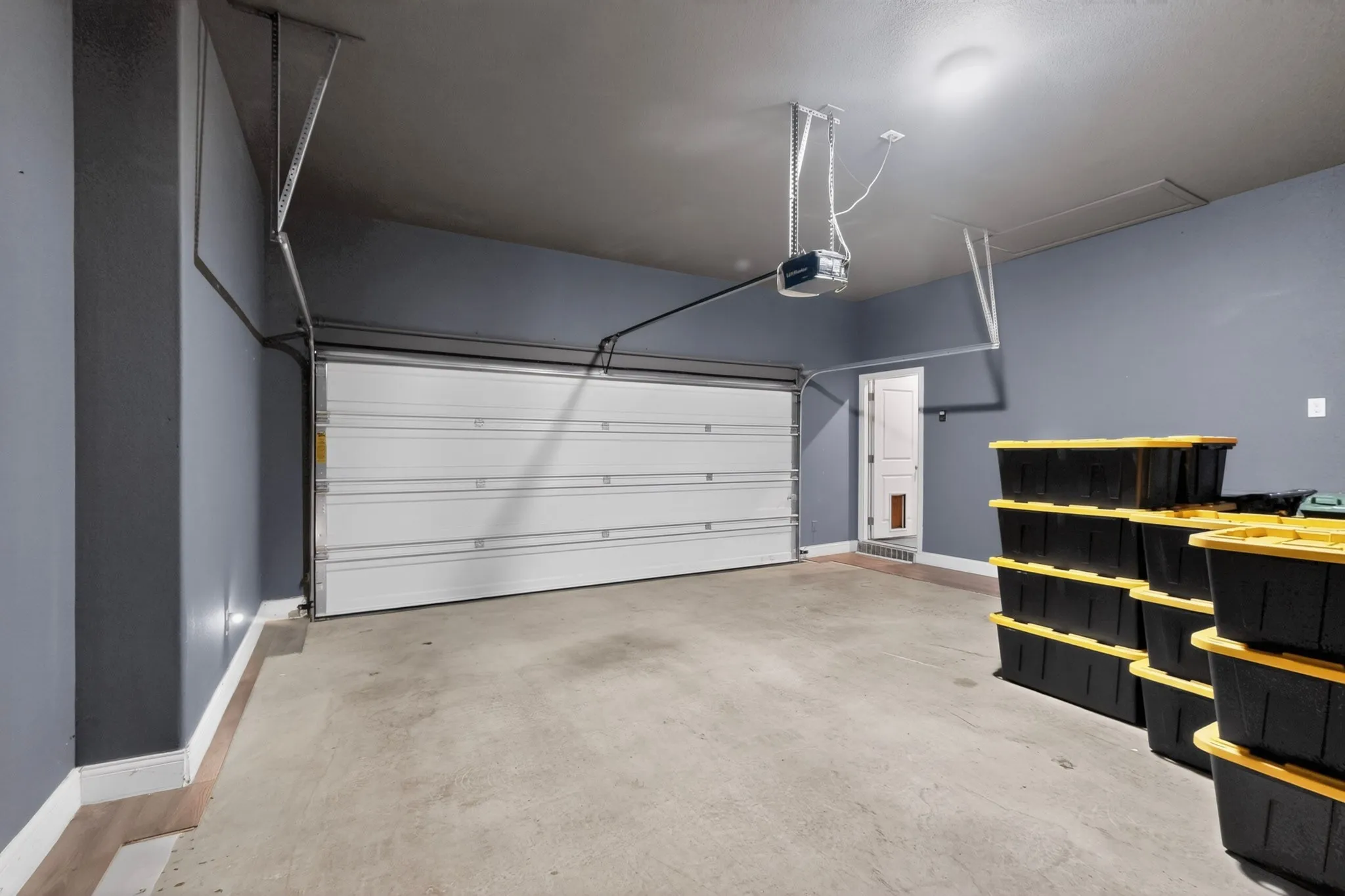 Spacious garage featuring a concrete floor, painted walls, and a white overhead door with an automatic opener