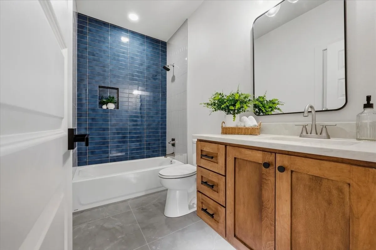 Floating cabinets with under-vanity lighting