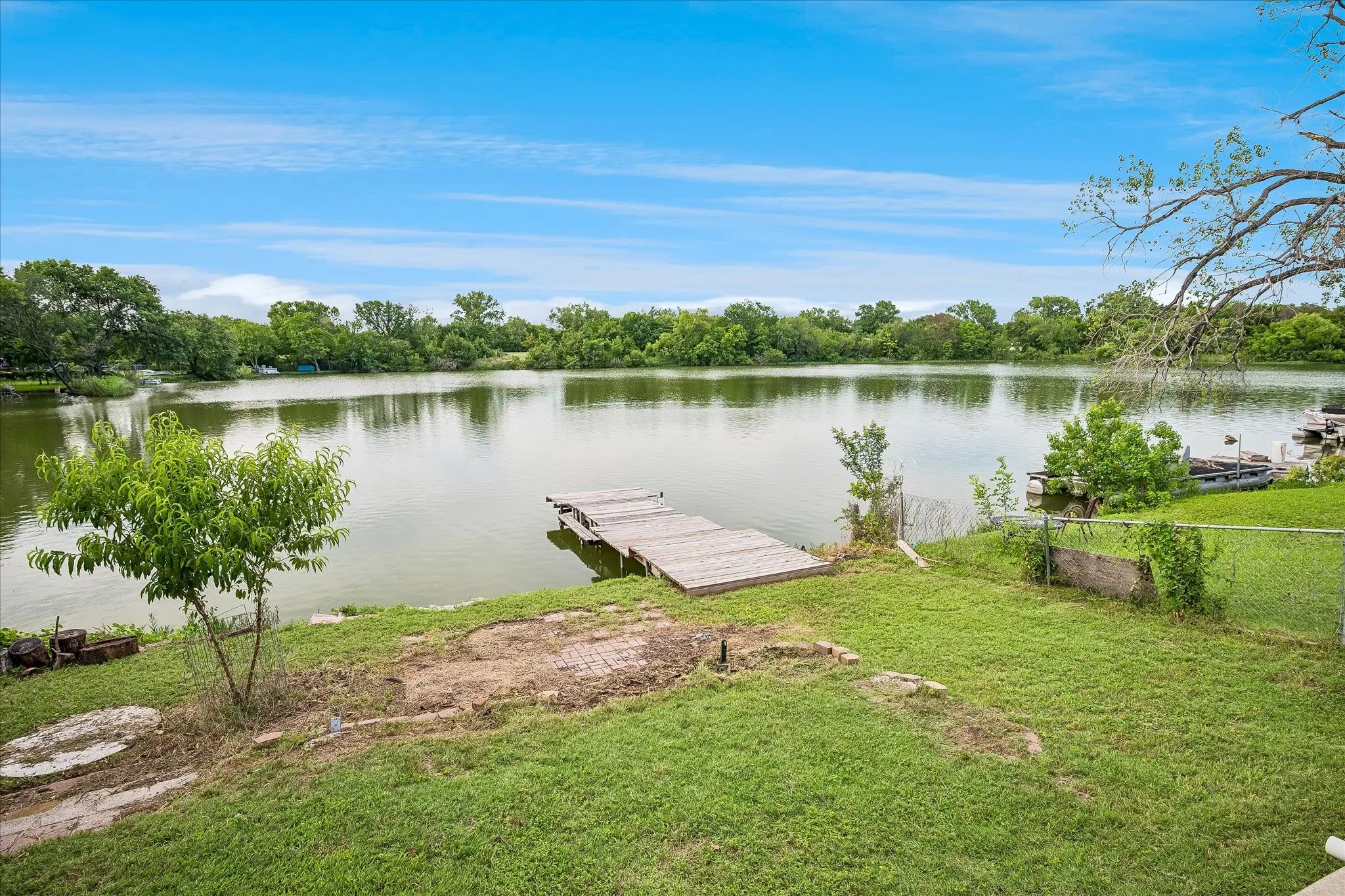 View of lake and dock.