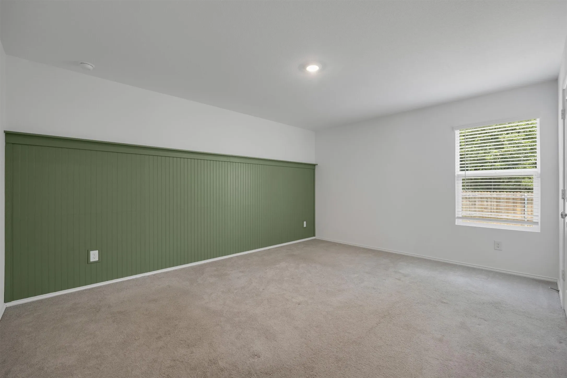 Interior room featuring a green beadboard accent wall, light gray carpet, white painted walls, and a window with horizontal blinds