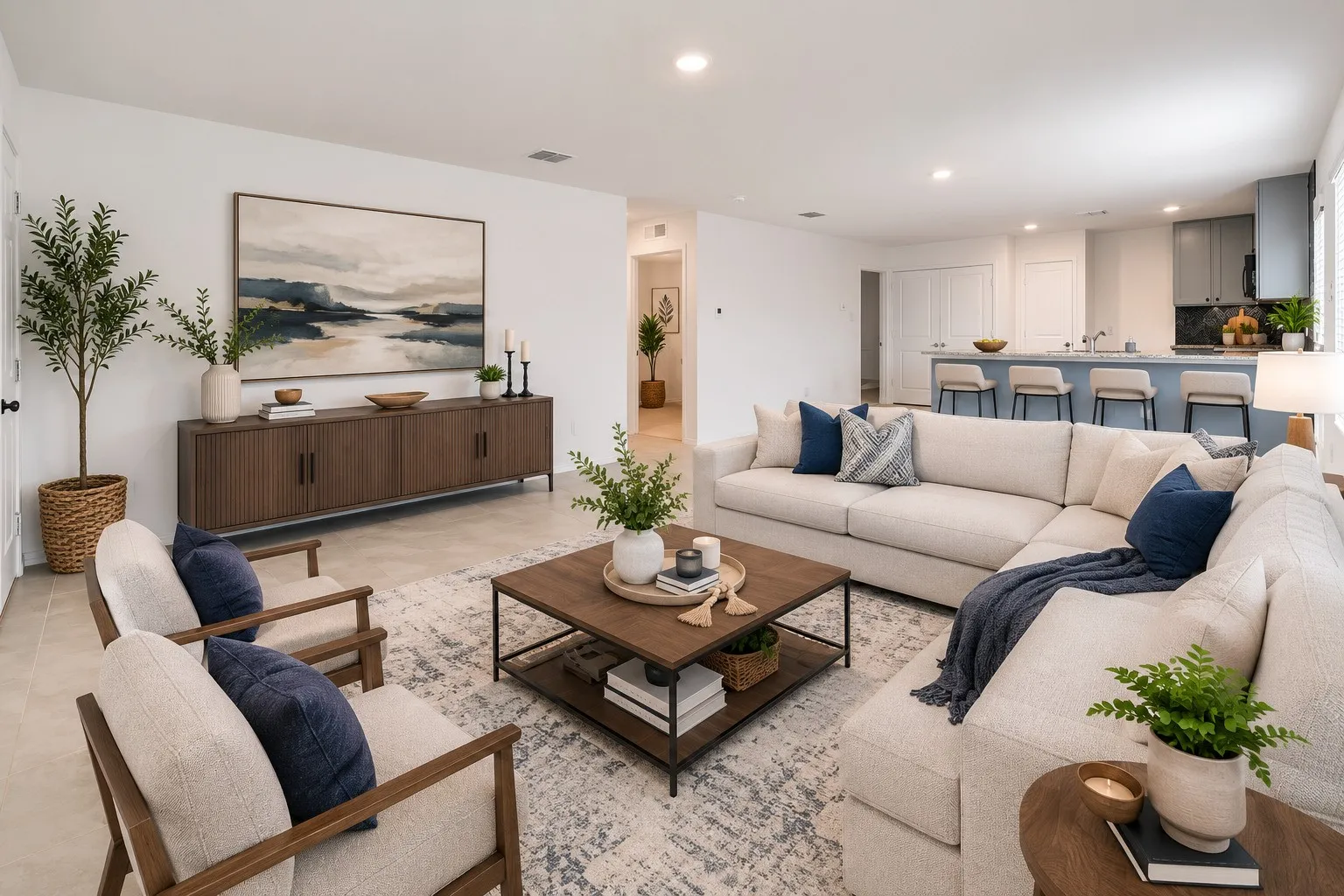 Virtual staging Open-concept living area featuring light-toned tile flooring and recessed lighting