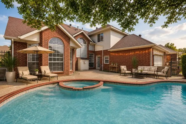 Staged Expansive outdoor living area featuring a kidney-shaped pool with integrated spa