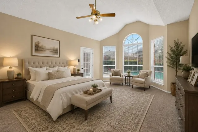 Staged Spacious primary bedroom suite featuring a tufted upholstered headboard, ceiling fan with integrated lighting, and an expansive sitting area with multiple arched windows overlooking the grounds