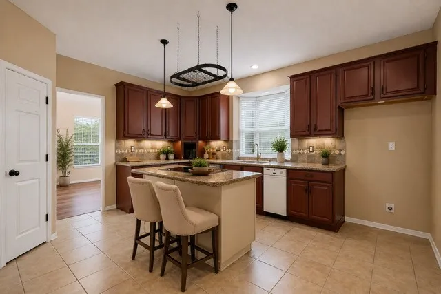 Staged Kitchen featuring rich wood cabinetry, granite countertops, and tile flooring