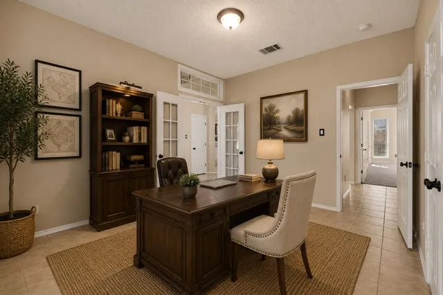 Staged Dedicated room featuring French doors, recessed lighting in the built-in bookshelf, and tile flooring