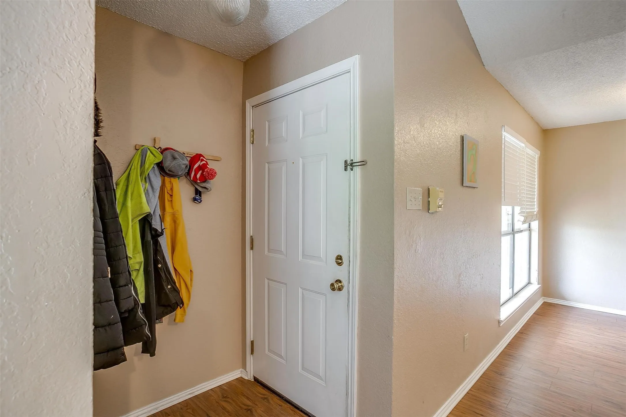 Interior entryway featuring a neutral paint color, white baseboards and white door casing, and medium-tone wood-look laminate flooring.