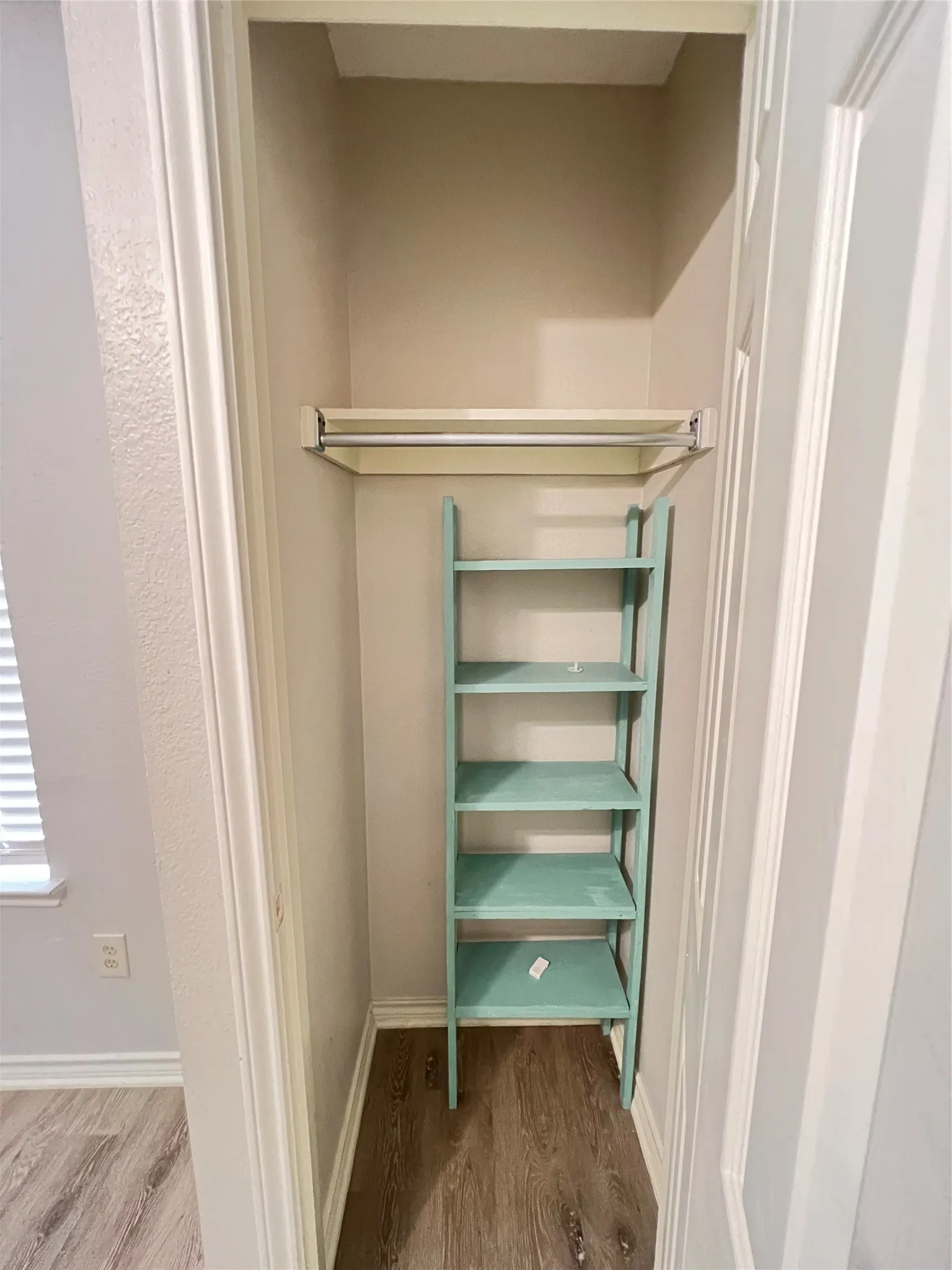 Recessed closet space featuring a built-in hanging rod and a five-tier shelving unit, set on wood-finish flooring