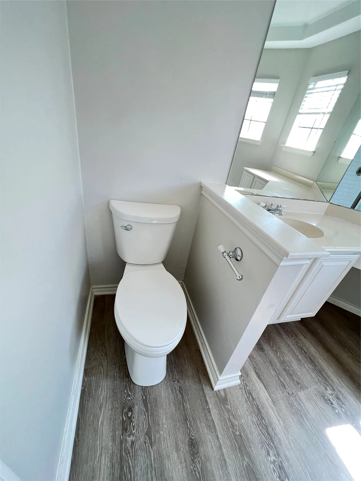 Bathroom featuring a white toilet, wood-finish flooring, and a vanity with an integrated sink and mirror