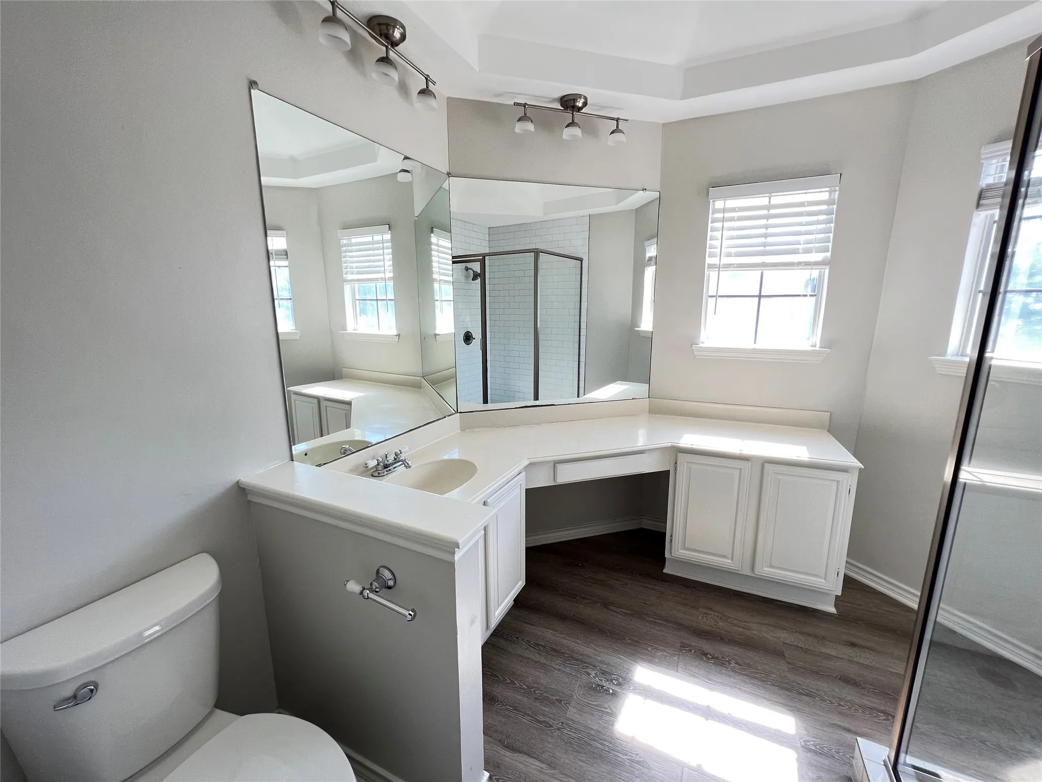Bathroom featuring wood-finish flooring, a white vanity with integrated sink, two windows with blinds, a large wall-mounted mirror, and a track light fixture
