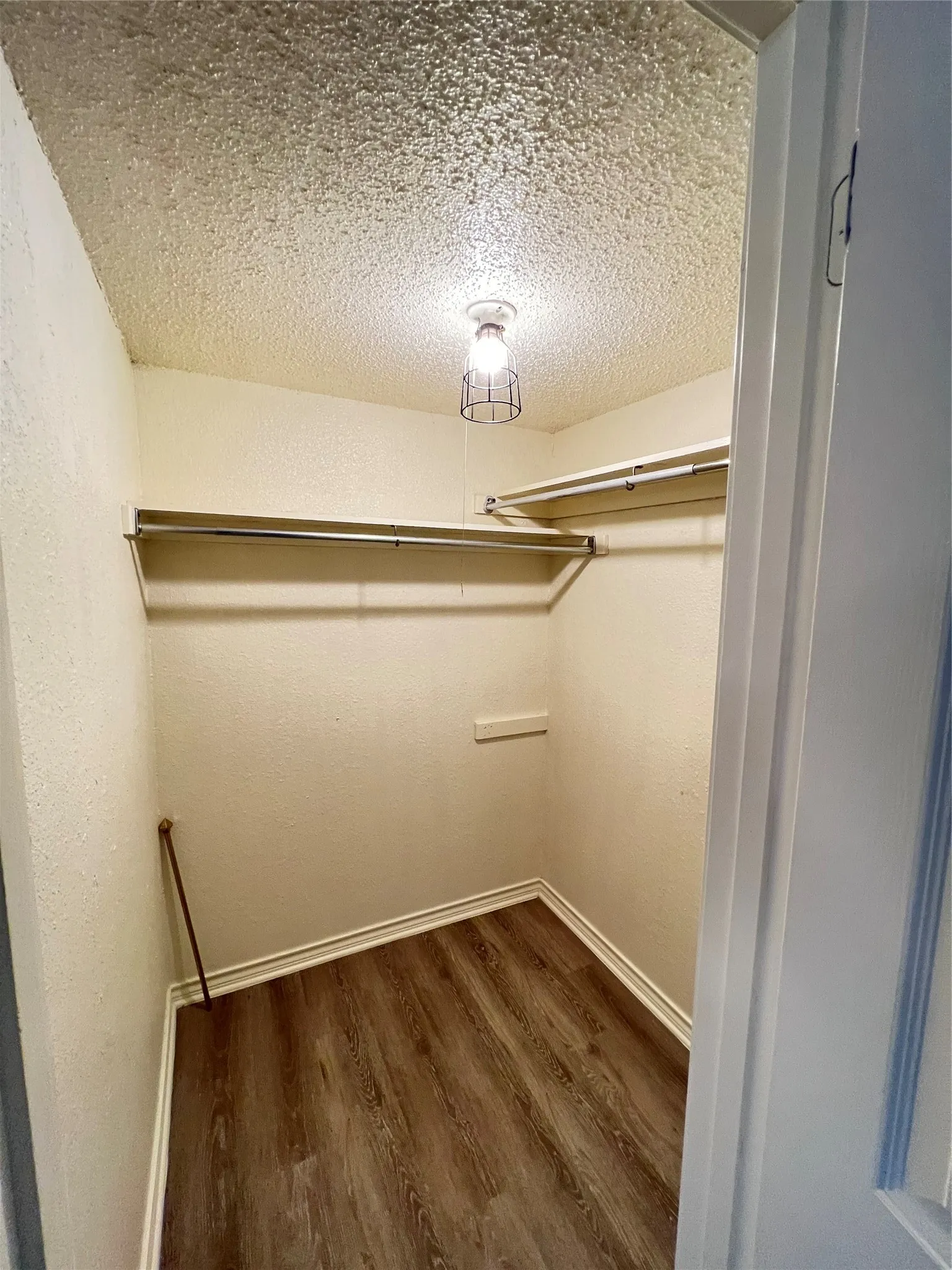 Walk-in closet featuring wood-finish flooring, built-in shelving, and a suspended light fixture