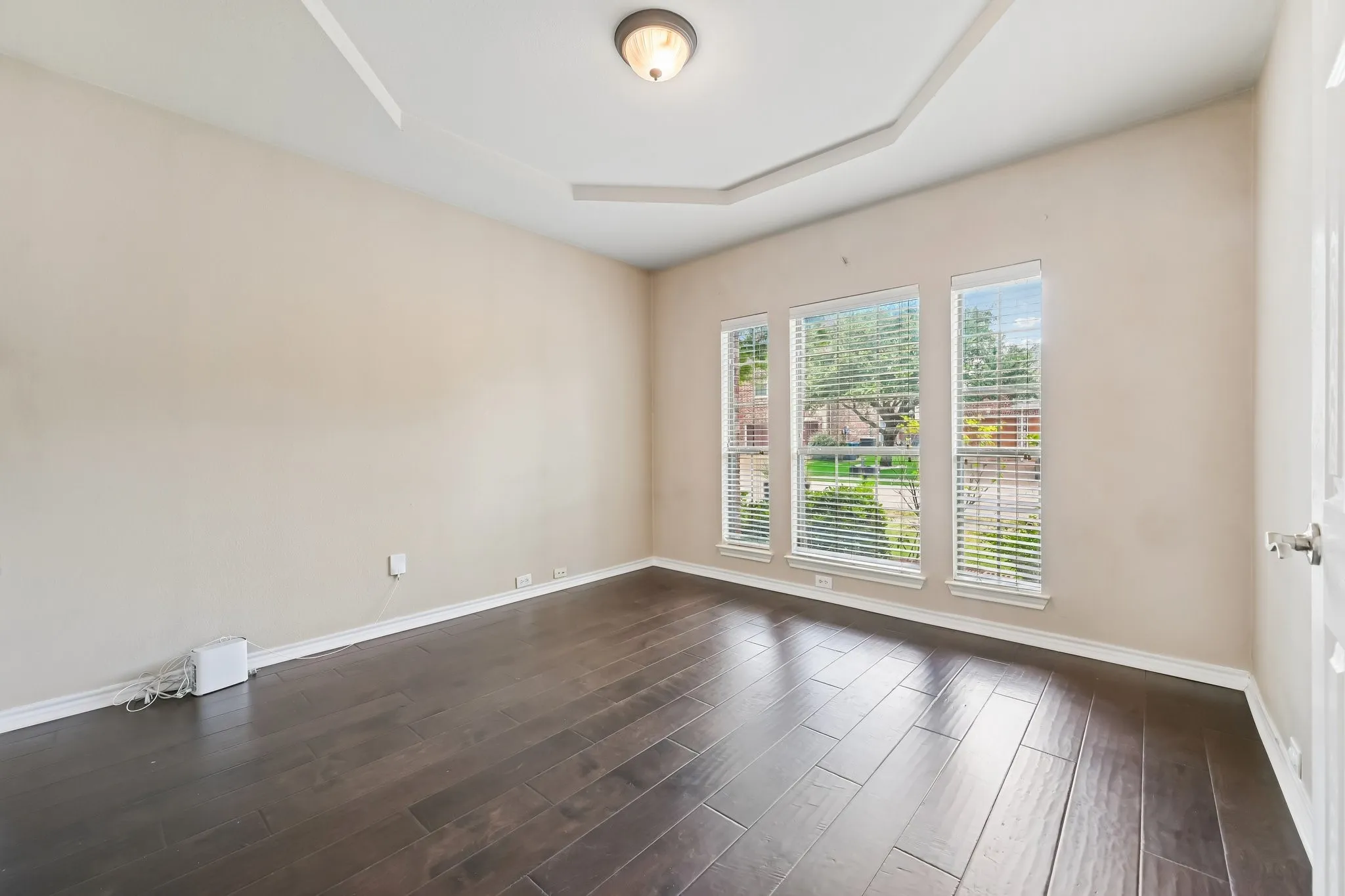 Spacious room featuring wood-finish flooring, a tray ceiling with a flush-mount light fixture, and three large windows with blinds
