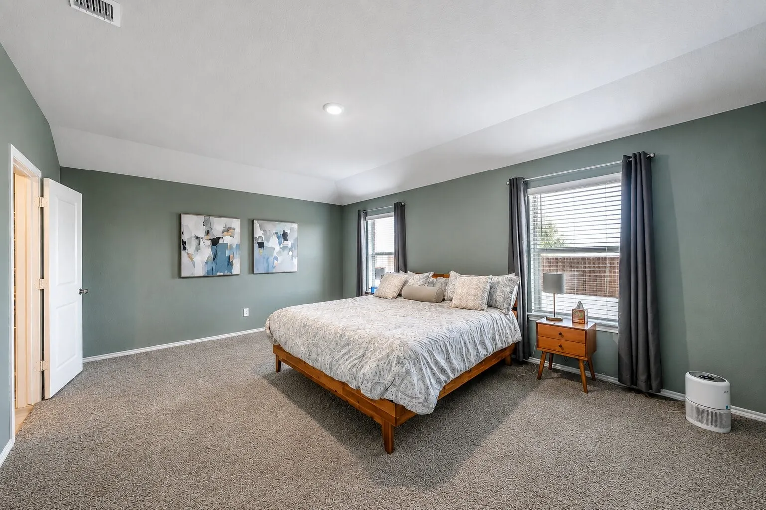 Spacious room featuring carpeting, tray ceiling, recessed lighting, and two windows with blinds and drapes