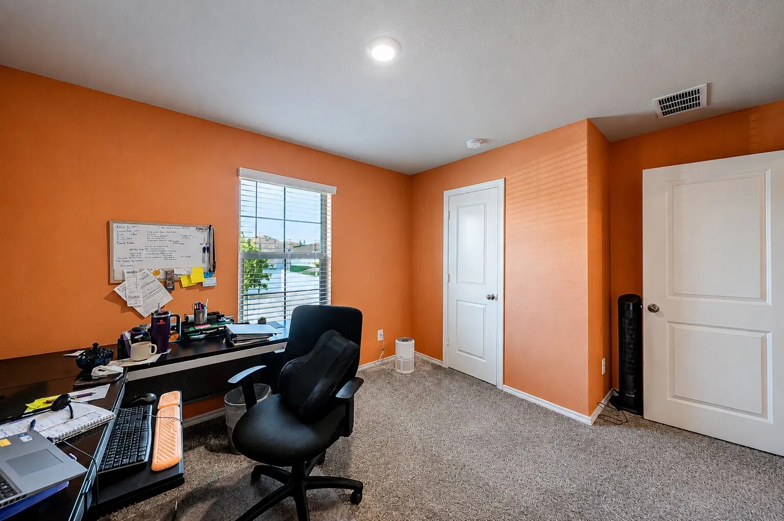 Room with orange walls, grey carpeting, a window with blinds, and white doors