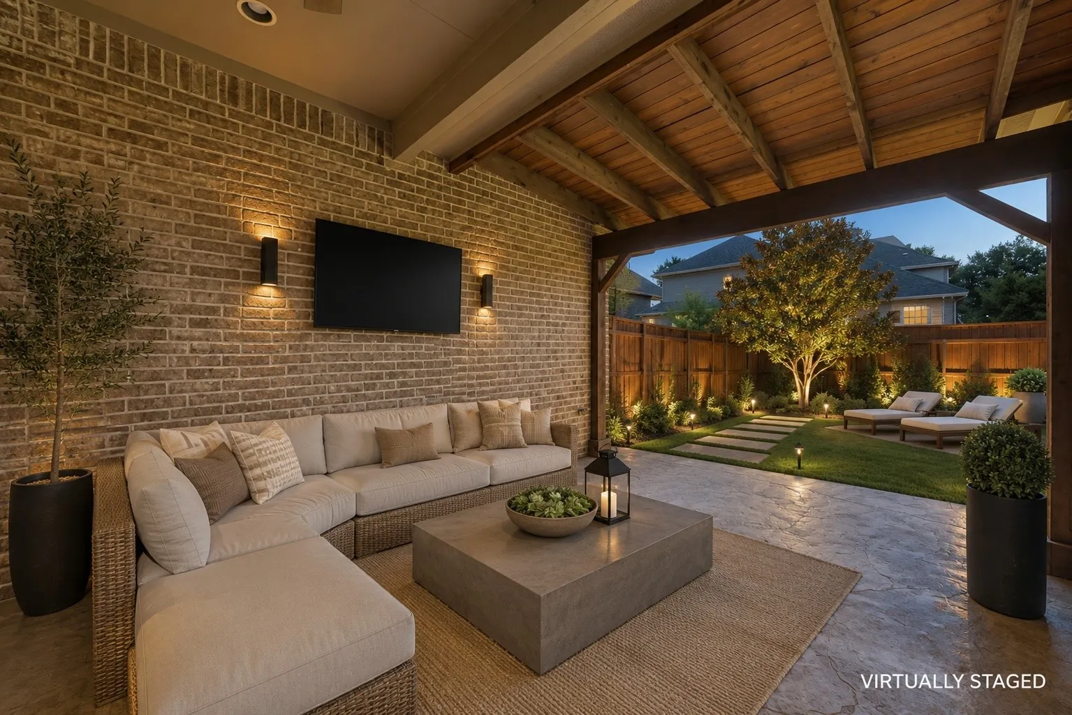 Covered patio featuring a brick accent wall, wood-paneled ceiling, stamped concrete flooring, and built-in wall lighting
