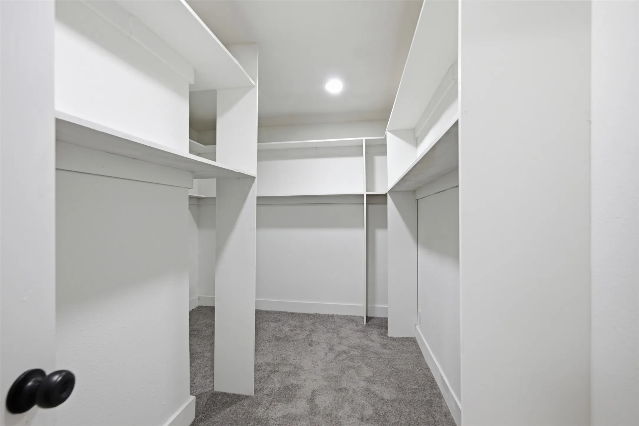 Walk-in closet featuring extensive built-in shelving, hanging rods, recessed ceiling lighting, and gray carpet flooring