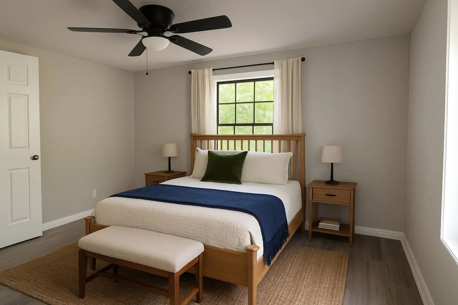 Bedroom featuring wood finished floors and ceiling fan