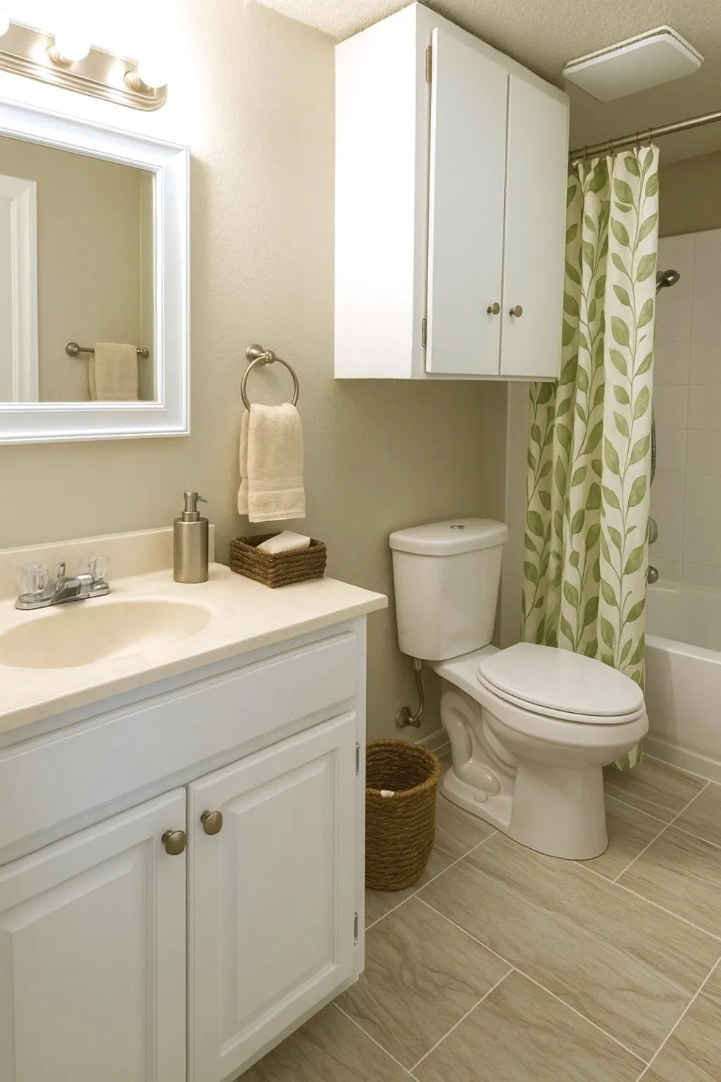 Bathroom featuring shower / tub combo, vanity, and light tile patterned floors