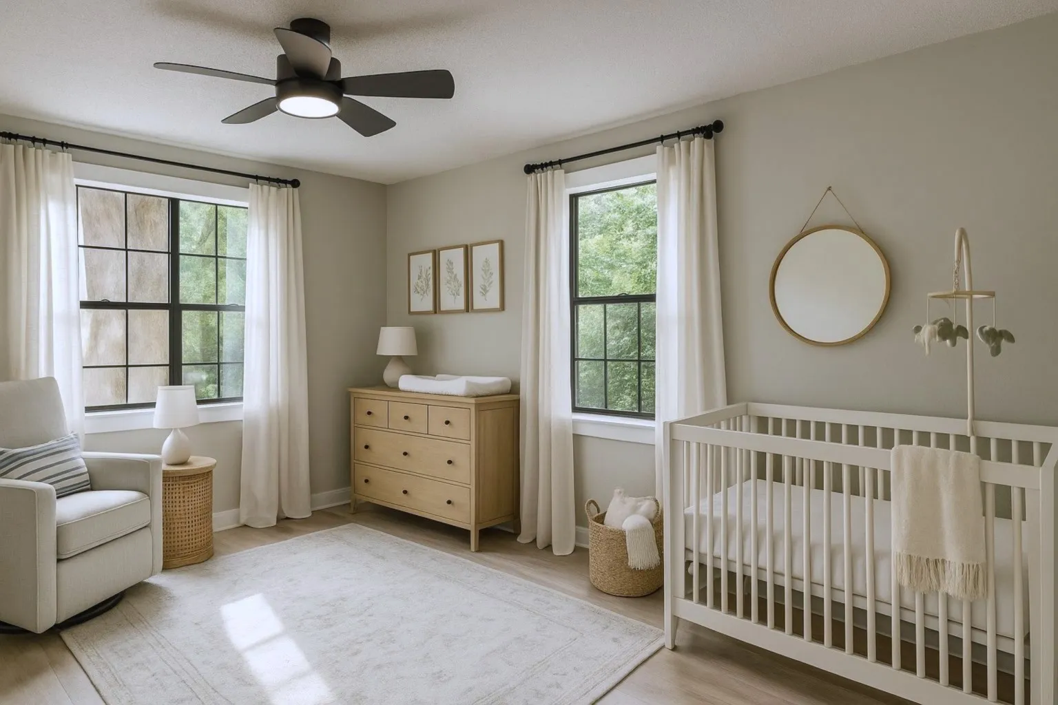 Bedroom featuring a crib, light wood finished floors, multiple windows, and ceiling fan