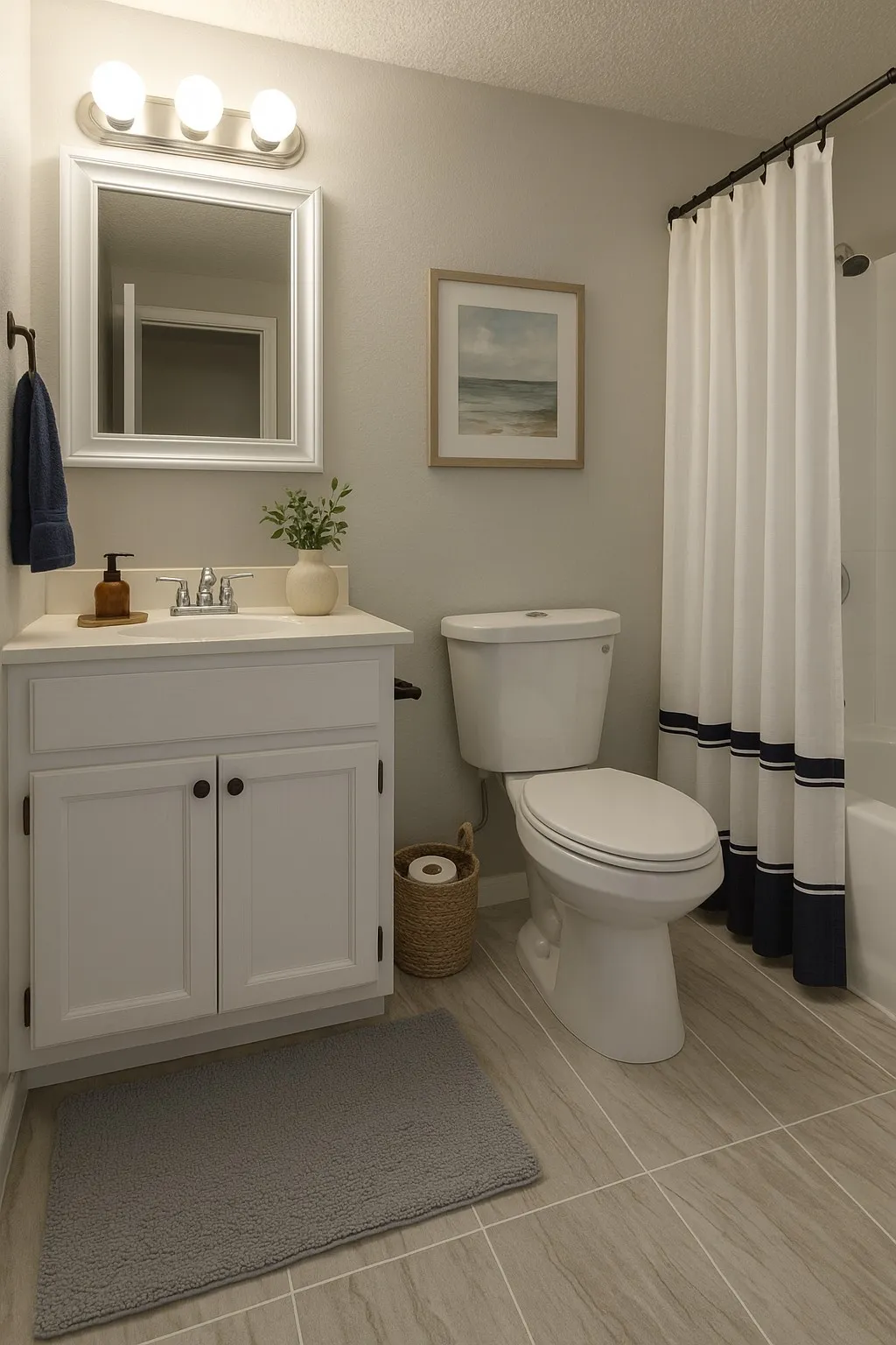 Full bathroom with shower / bath combo, a textured ceiling, and vanity