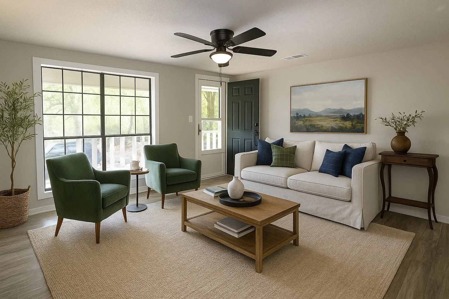 Living room with wood finished floors and ceiling fan