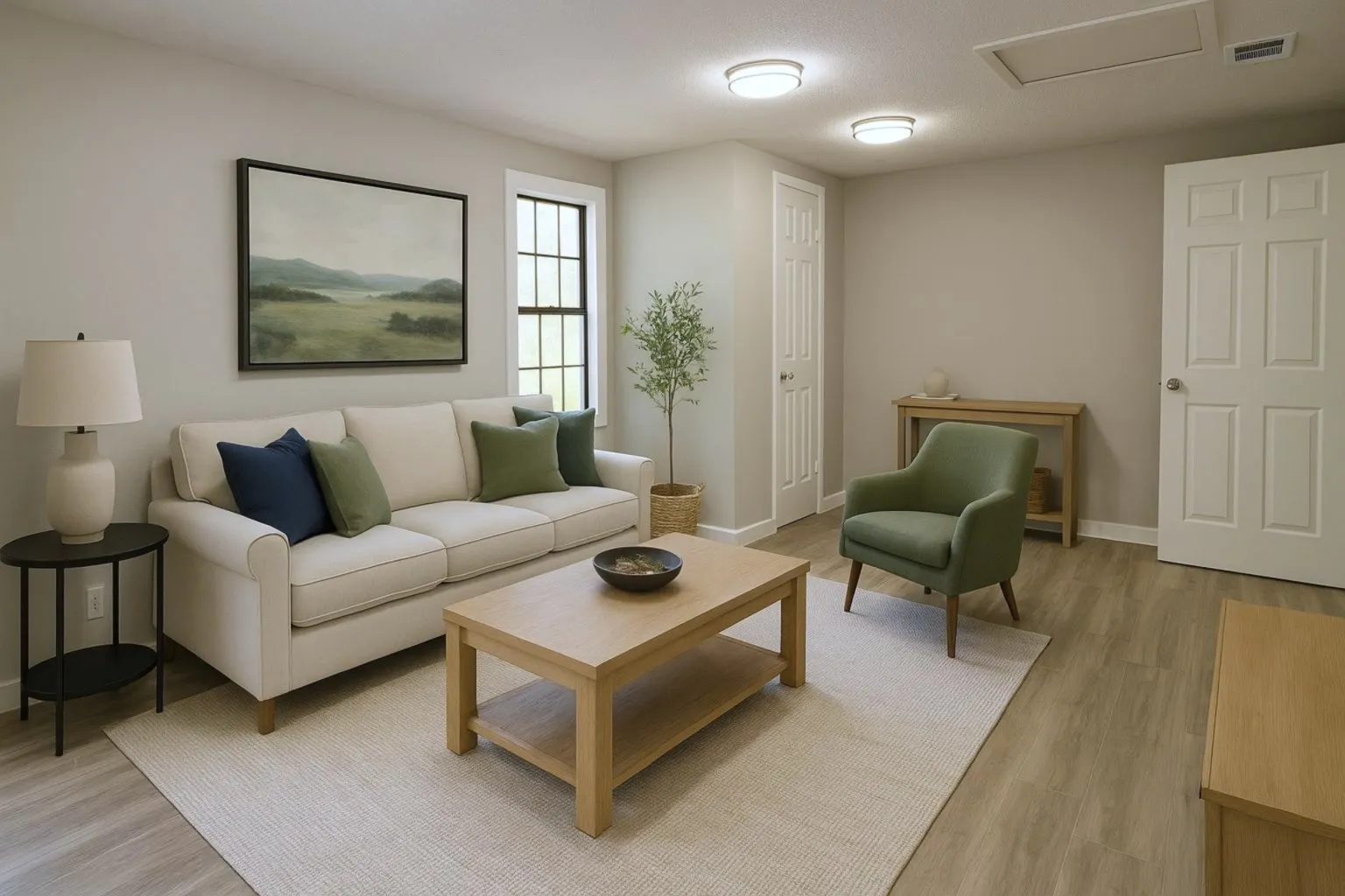 Living area with light wood-style flooring and attic access