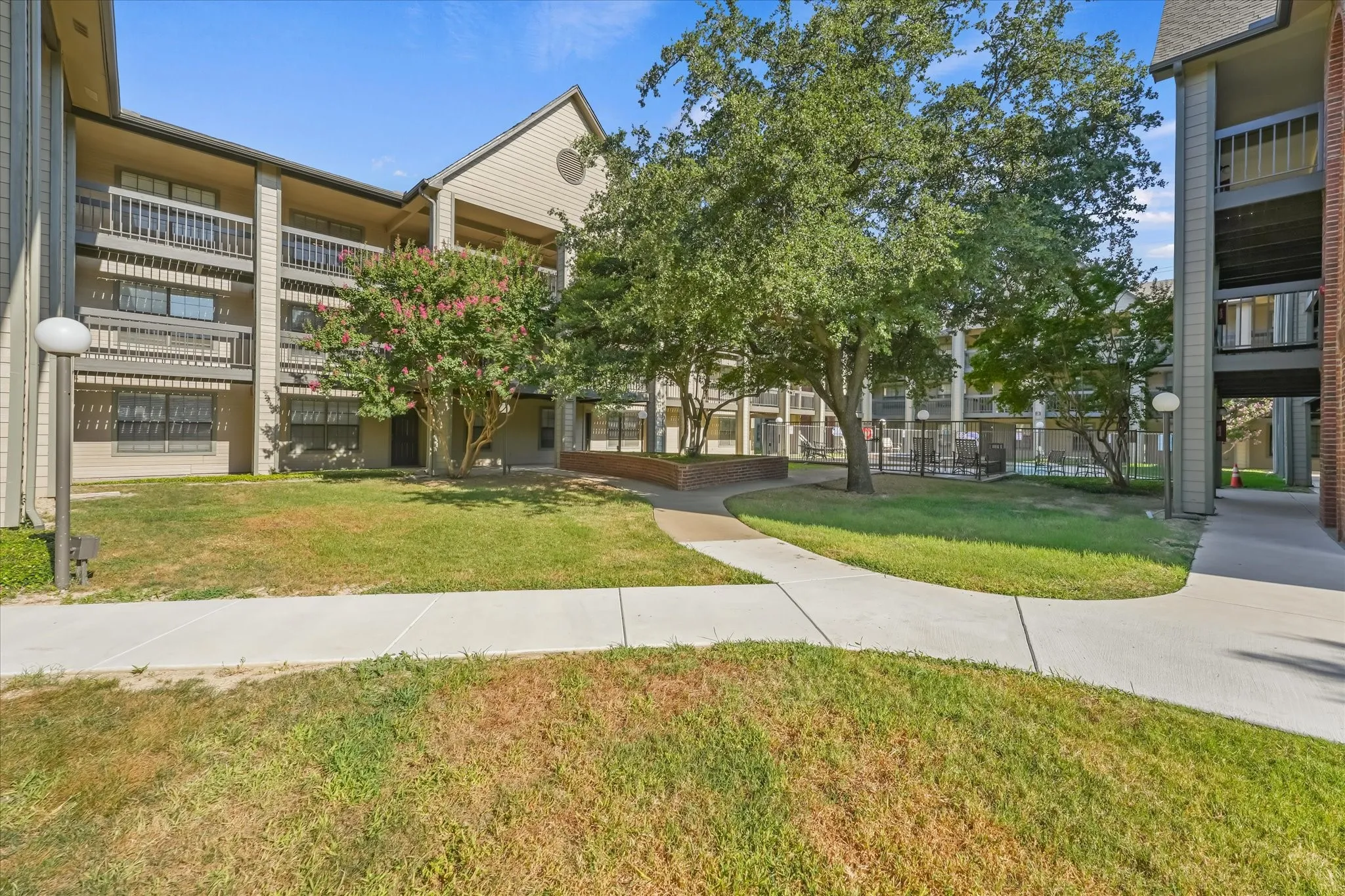 Outdoor common area featuring a curved concrete walkway, mature trees, and a pool
