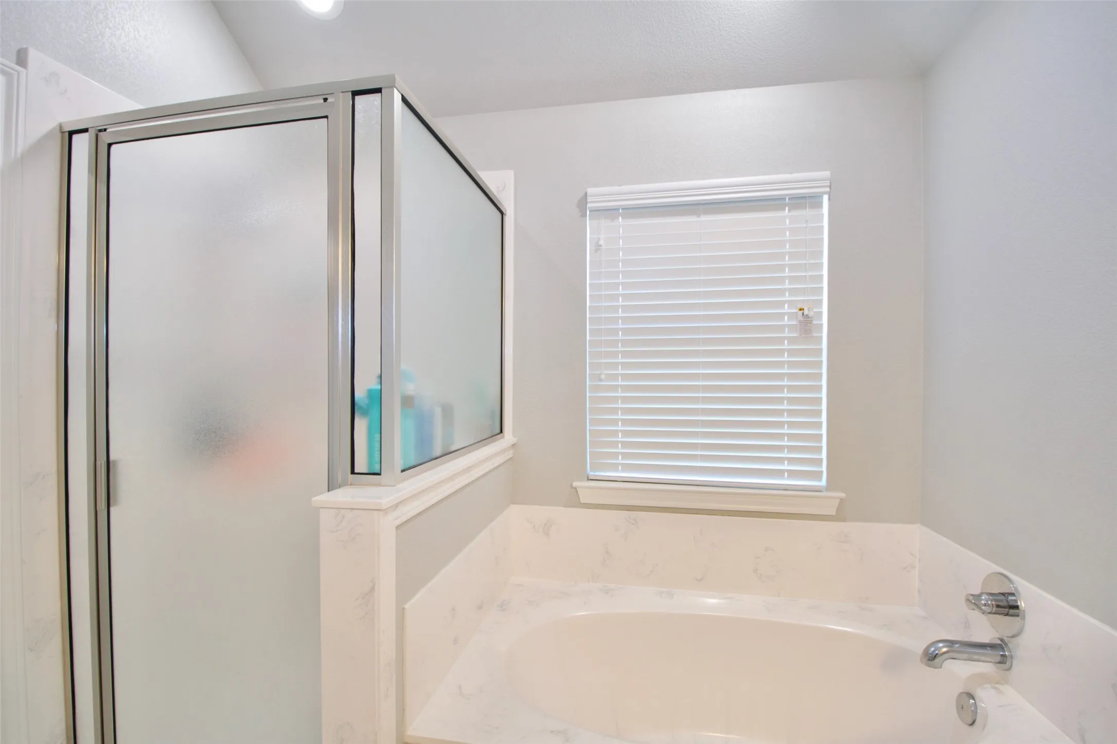 Shower with frosted glass enclosure, adjacent to a built-in soaking tub with a stone-finish surround