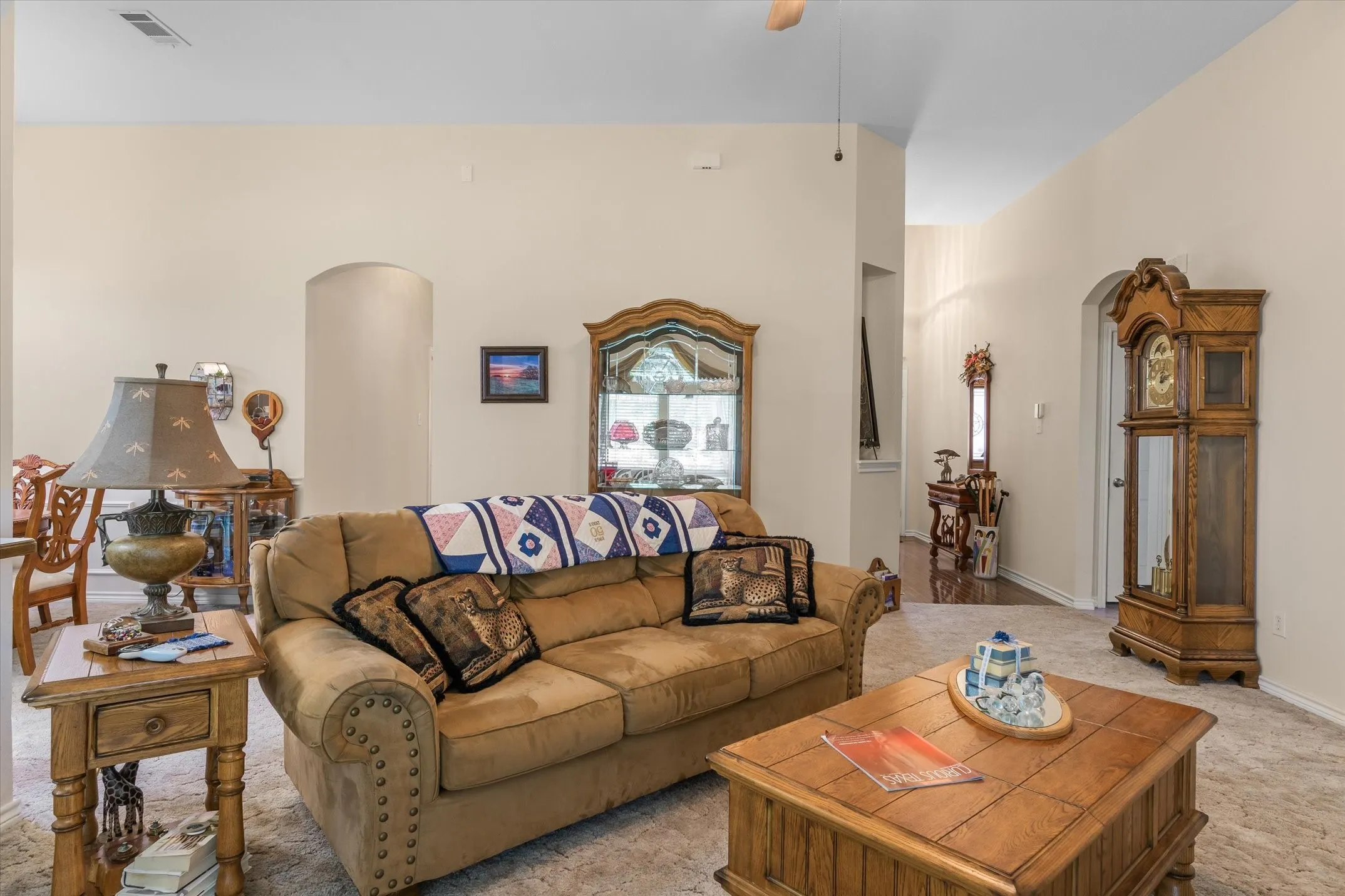 Open-concept living space featuring neutral wall tones, vaulted ceilings, and an arched doorway